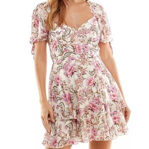 Mini Floral Metallic Ruffle A Line Juniors Romantic Tiered  Coquette Dress